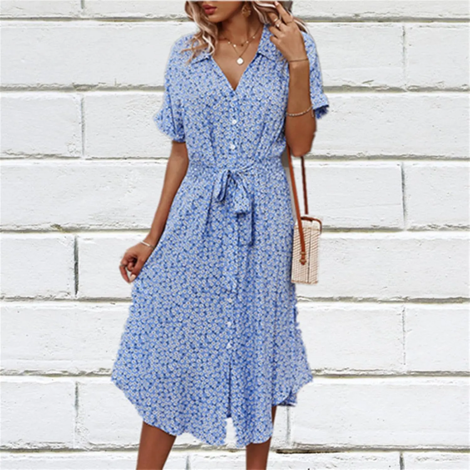 Womens Boho Floral V Neck A Line Dresses Belted Tie Waist Midi Dress Flowy Beach Summer Dress