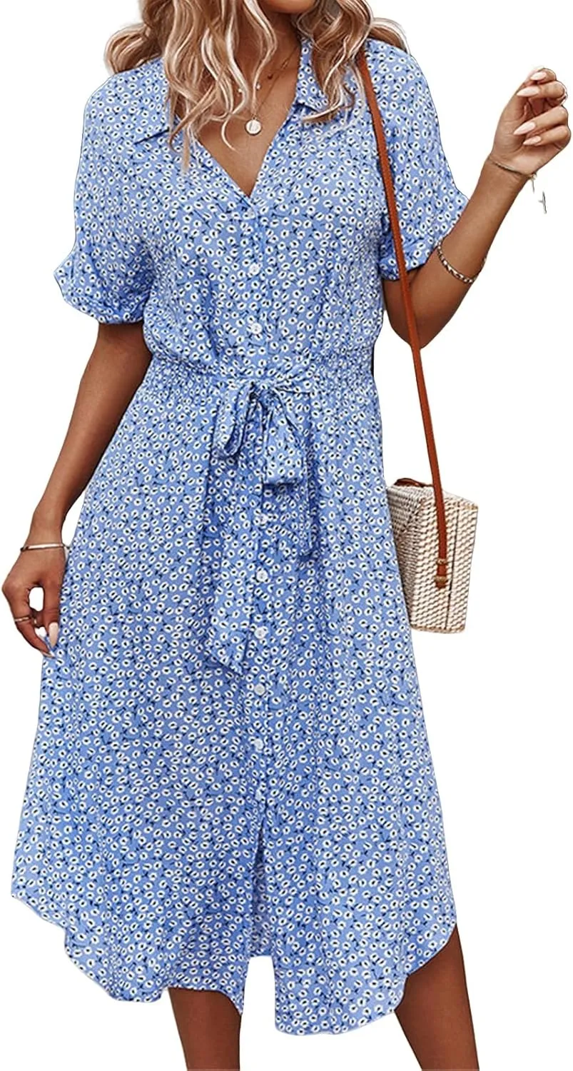 Womens Boho Floral V Neck A Line Dresses Belted Tie Waist Midi Dress Flowy Beach Summer Dress