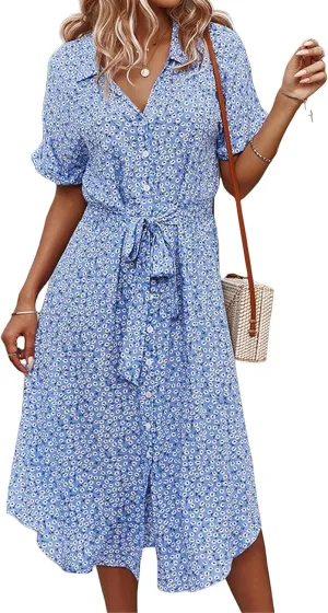 Womens Boho Floral V Neck A Line Dresses Belted Tie Waist Midi Dress Flowy Beach Summer Dress