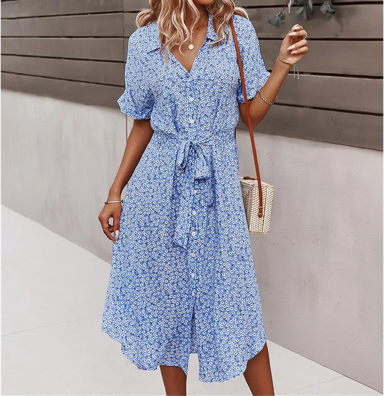 Womens Boho Floral V Neck A Line Dresses Belted Tie Waist Midi Dress Flowy Beach Summer Dress
