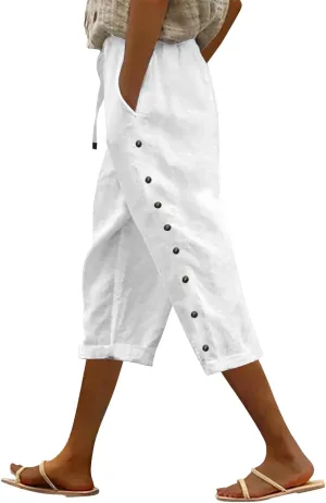 Women's Capri Pants Petite Side Button Elastic Waist Drawstring Lightweight Trousers with Pockets Dressy Casual