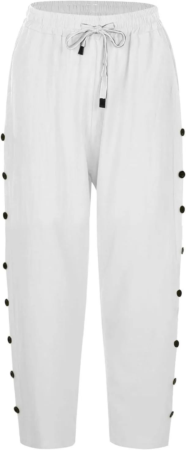Women's Capri Pants Petite Side Button Elastic Waist Drawstring Lightweight Trousers with Pockets Dressy Casual