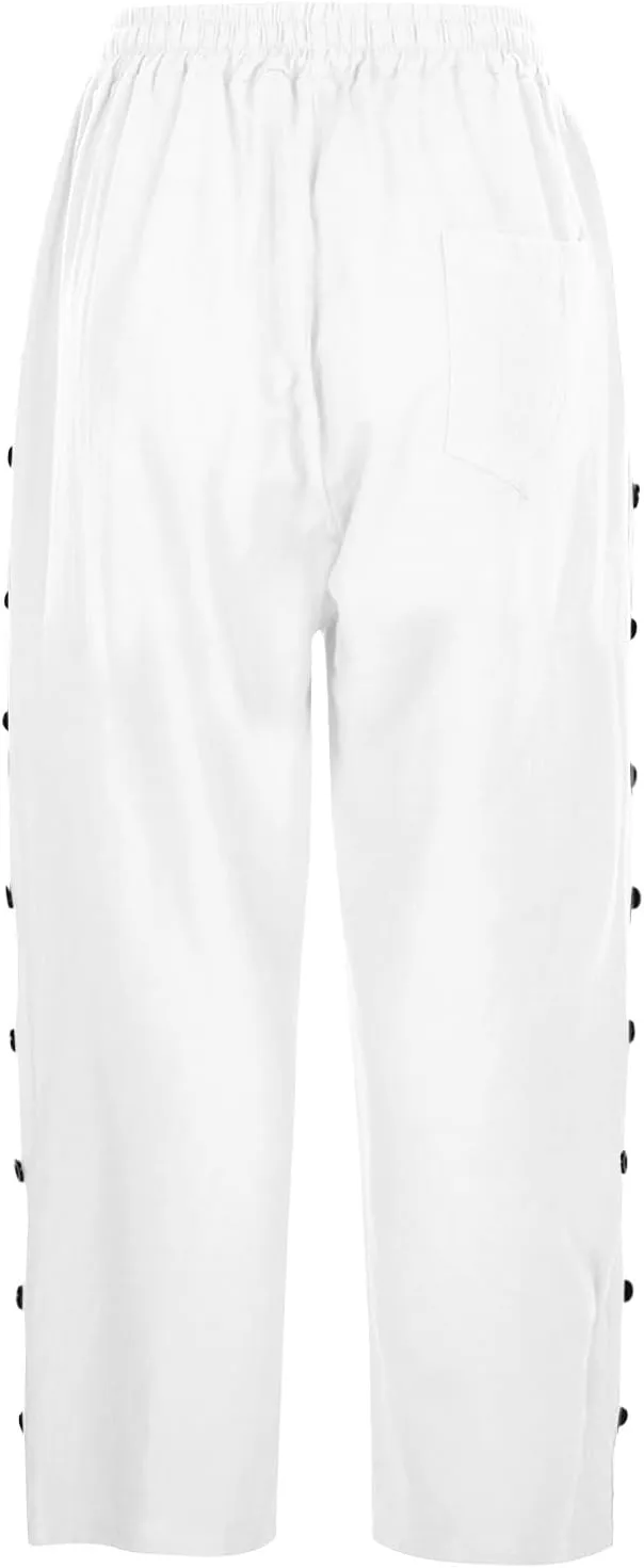 Women's Capri Pants Petite Side Button Elastic Waist Drawstring Lightweight Trousers with Pockets Dressy Casual