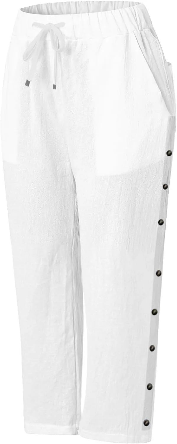 Women's Capri Pants Petite Side Button Elastic Waist Drawstring Lightweight Trousers with Pockets Dressy Casual