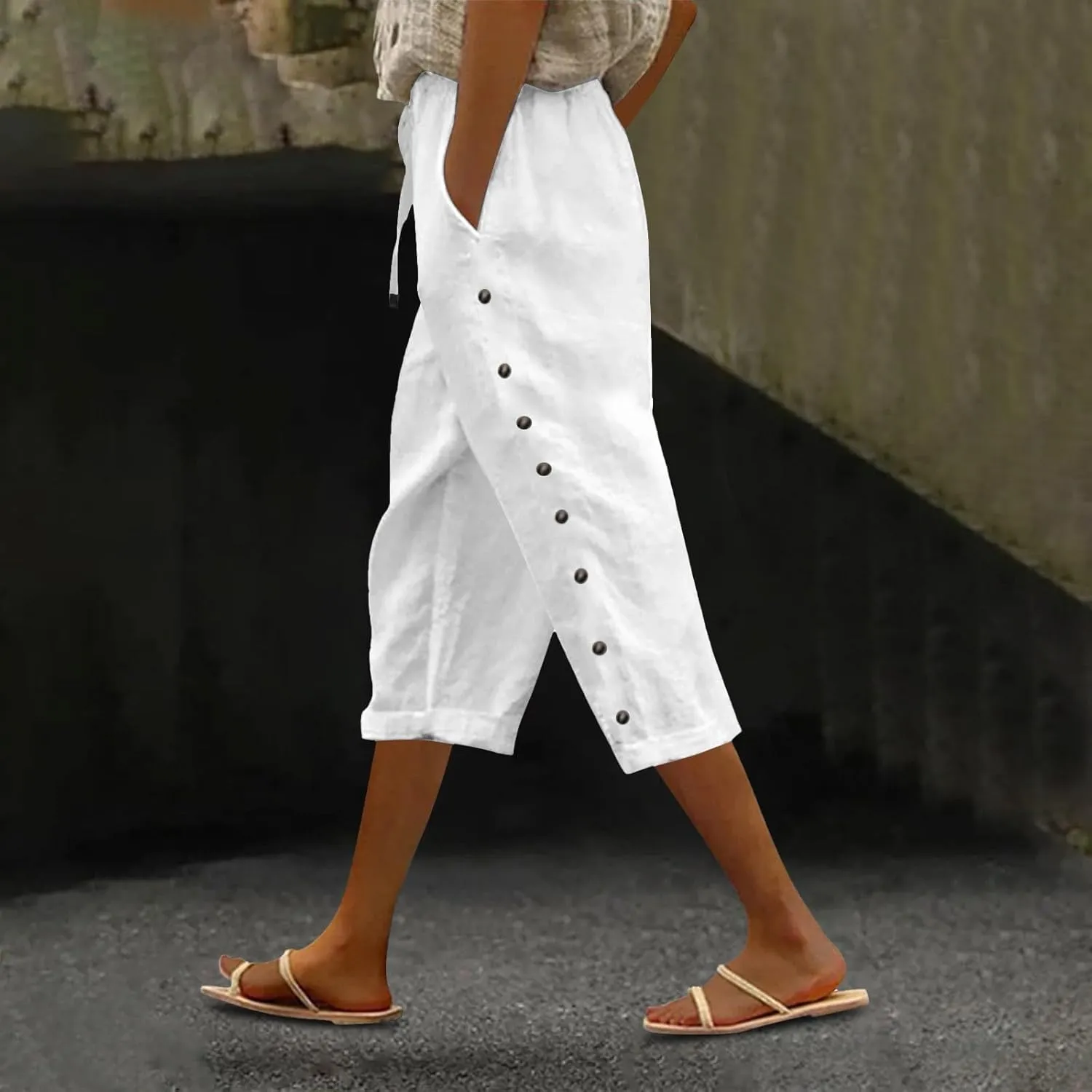 Women's Capri Pants Petite Side Button Elastic Waist Drawstring Lightweight Trousers with Pockets Dressy Casual