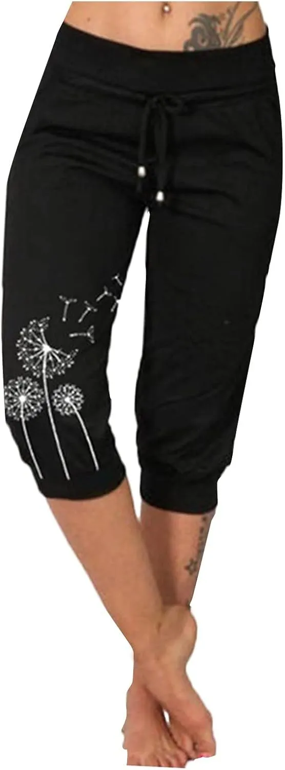 Womens Capris for Summer Lightweight Yoga Capris Pants with Pockets Stretch Drawstring High Waisted Pant