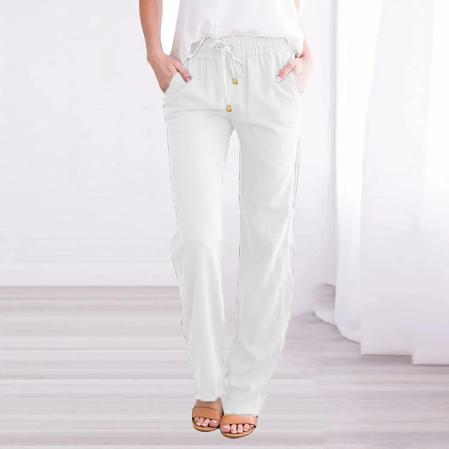Women's Casual Cotton Linen Pants Fashion Drawstring Lightweight Summer Relax Fit Straight Leg Lounge Trouser