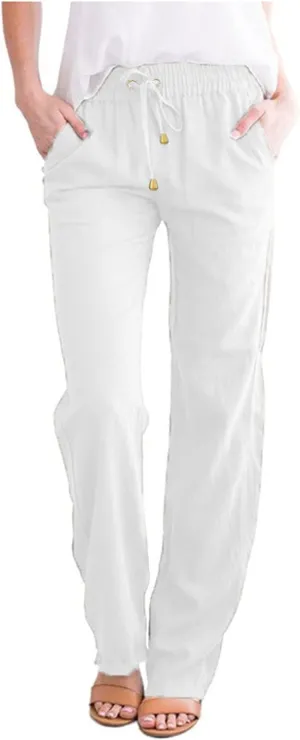 Women's Casual Cotton Linen Pants Fashion Drawstring Lightweight Summer Relax Fit Straight Leg Lounge Trouser