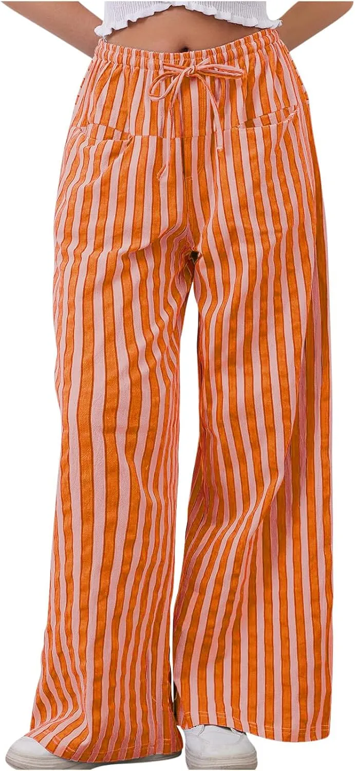 Womens Comfy Pants Striped Low Waisted Lounge Stretch Wide Leg Pants Elastic Waist Drawstring Long Trousers