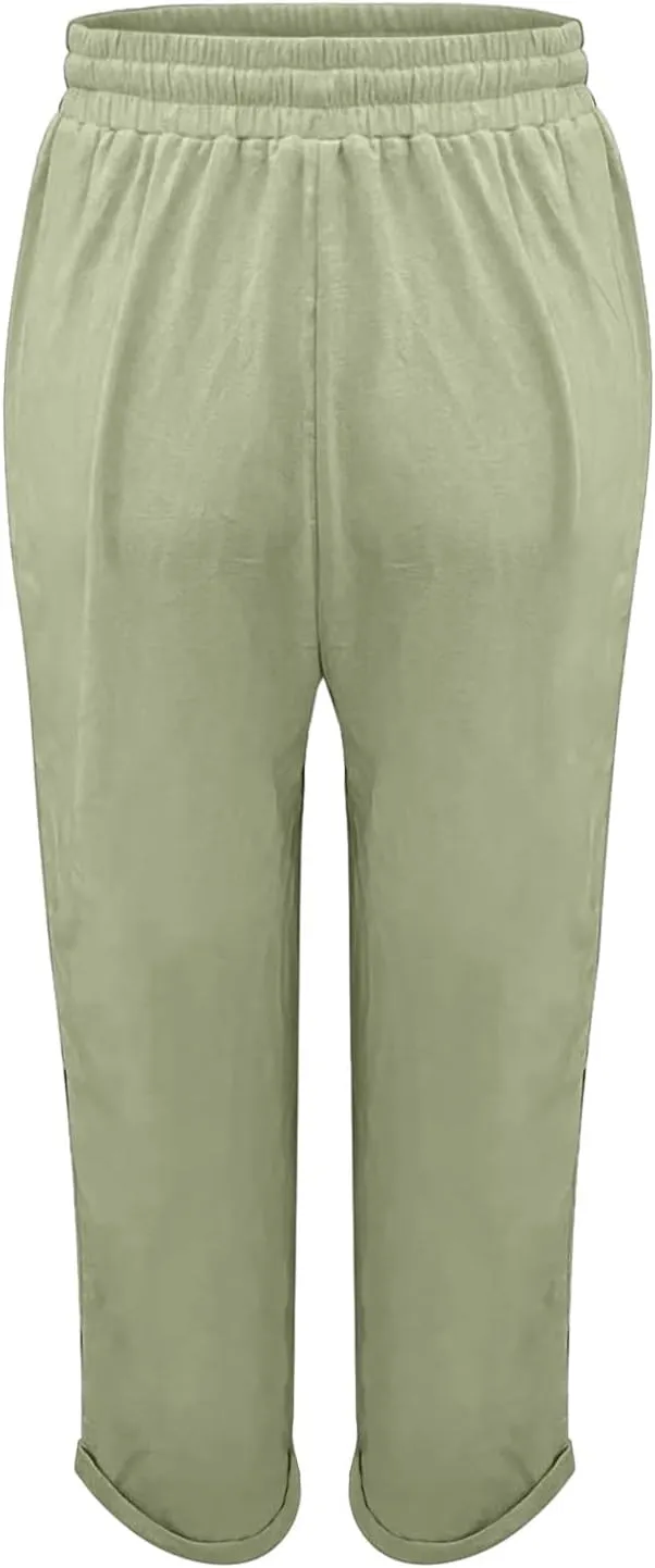 Womens Cotton Linen Pants 2025 Loose Fit Straight Leg Drawstring Summer Elastic Waist Plus Size Lounge Long Trousers