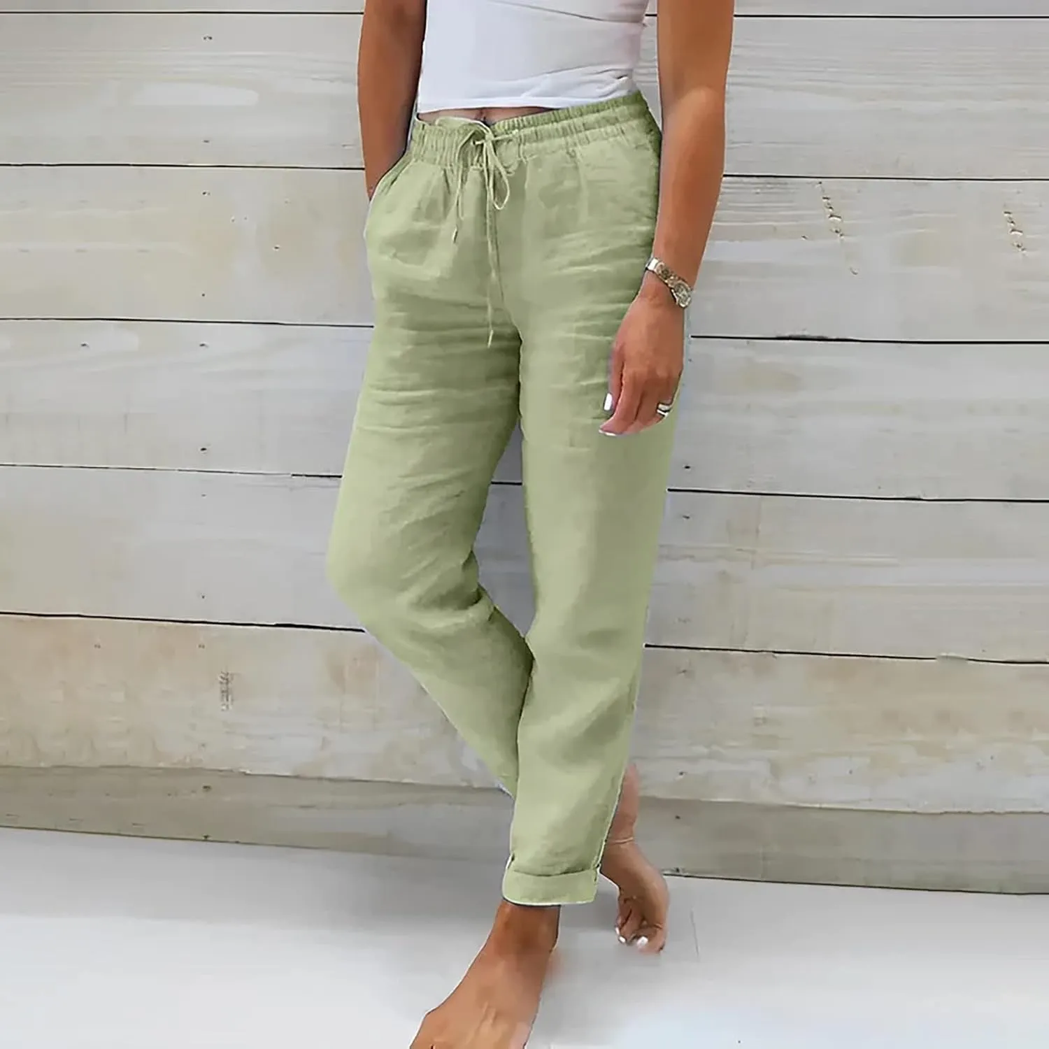 Womens Cotton Linen Pants 2025 Loose Fit Straight Leg Drawstring Summer Elastic Waist Plus Size Lounge Long Trousers