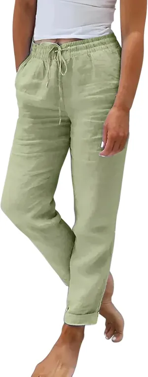 Womens Cotton Linen Pants 2025 Loose Fit Straight Leg Drawstring Summer Elastic Waist Plus Size Lounge Long Trousers