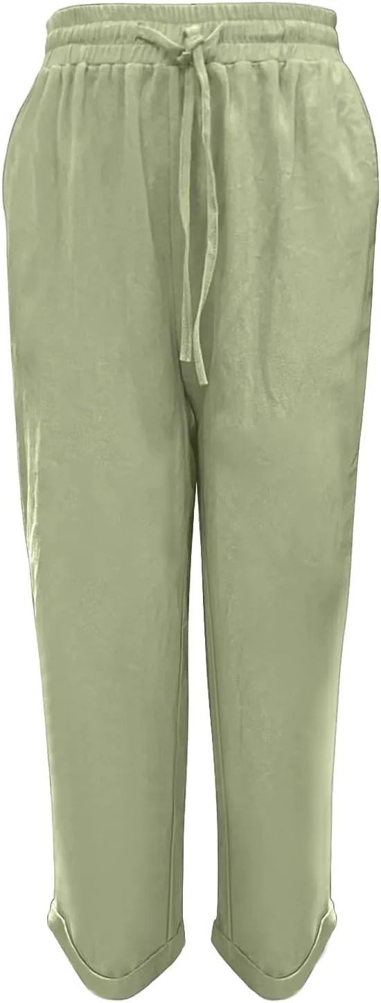 Womens Cotton Linen Pants 2025 Loose Fit Straight Leg Drawstring Summer Elastic Waist Plus Size Lounge Long Trousers