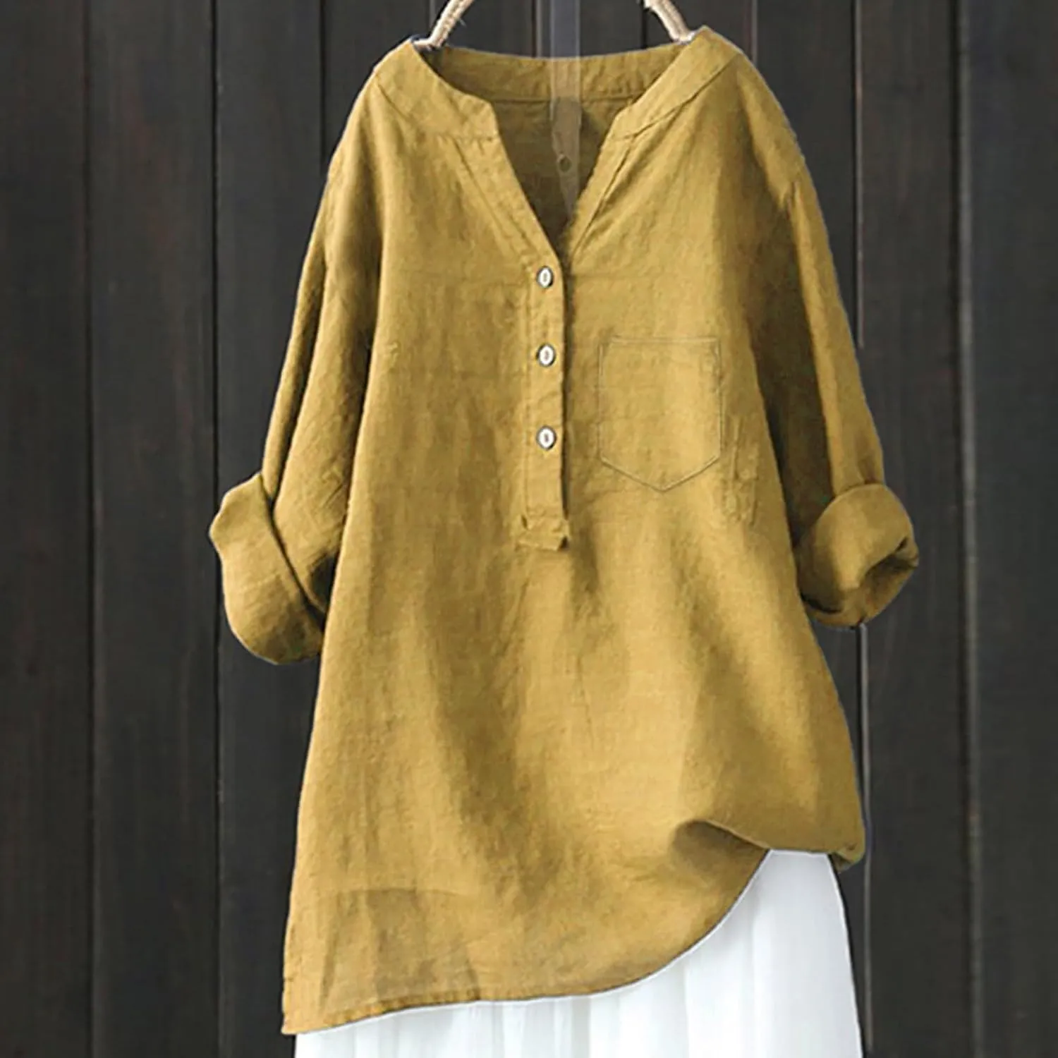 Womens Cotton Linen Shirts 3/4 Roll Up Sleeve Casual V Neck Button Up Dressy Blouses Summer Vacation Oversized Tshirt
