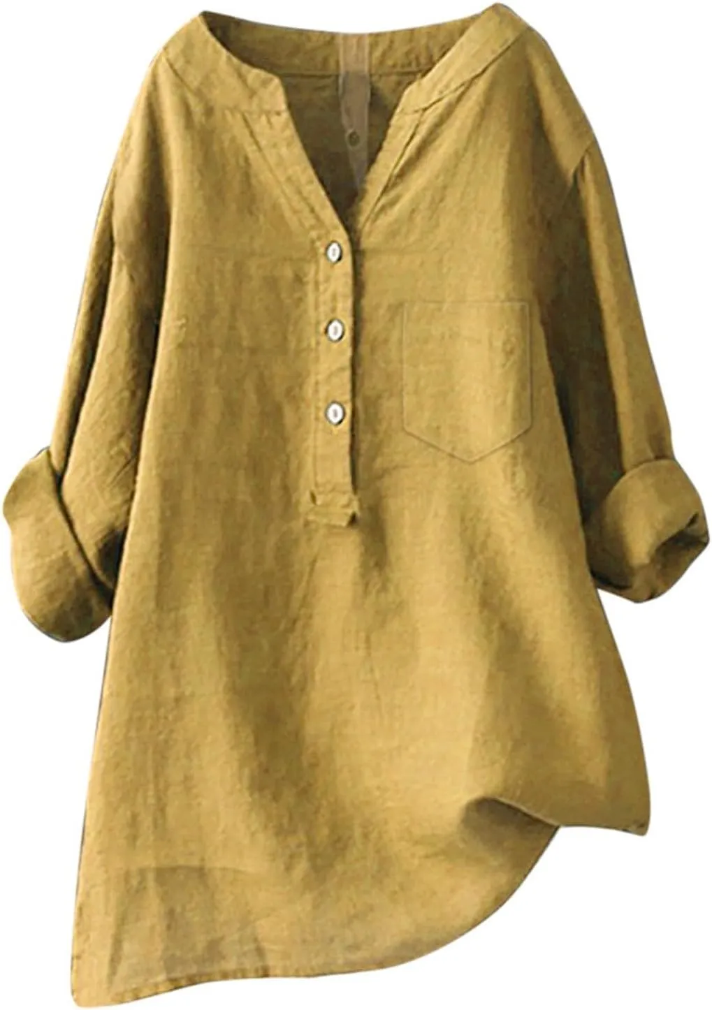 Womens Cotton Linen Shirts 3/4 Roll Up Sleeve Casual V Neck Button Up Dressy Blouses Summer Vacation Oversized Tshirt