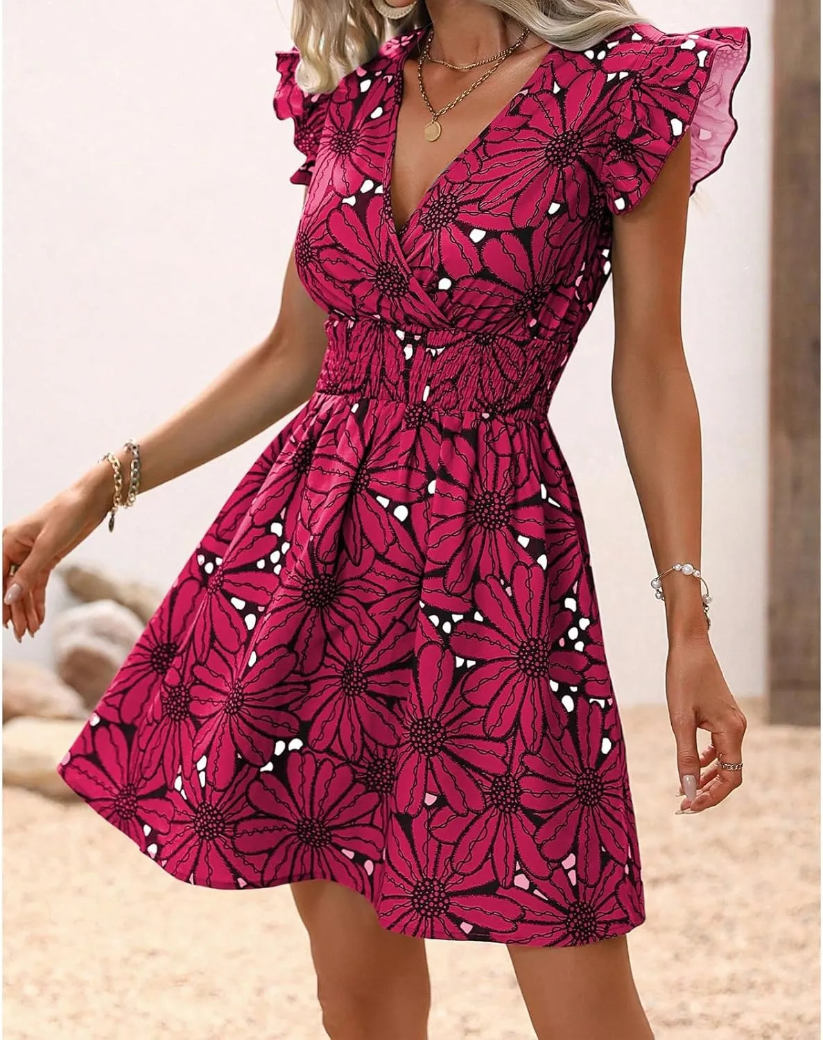 Womens Floral Printed V Neck A Line Dresses Belted Tie Waist Midi Dress Flowy Cap Sleeve Beach Summer Dress