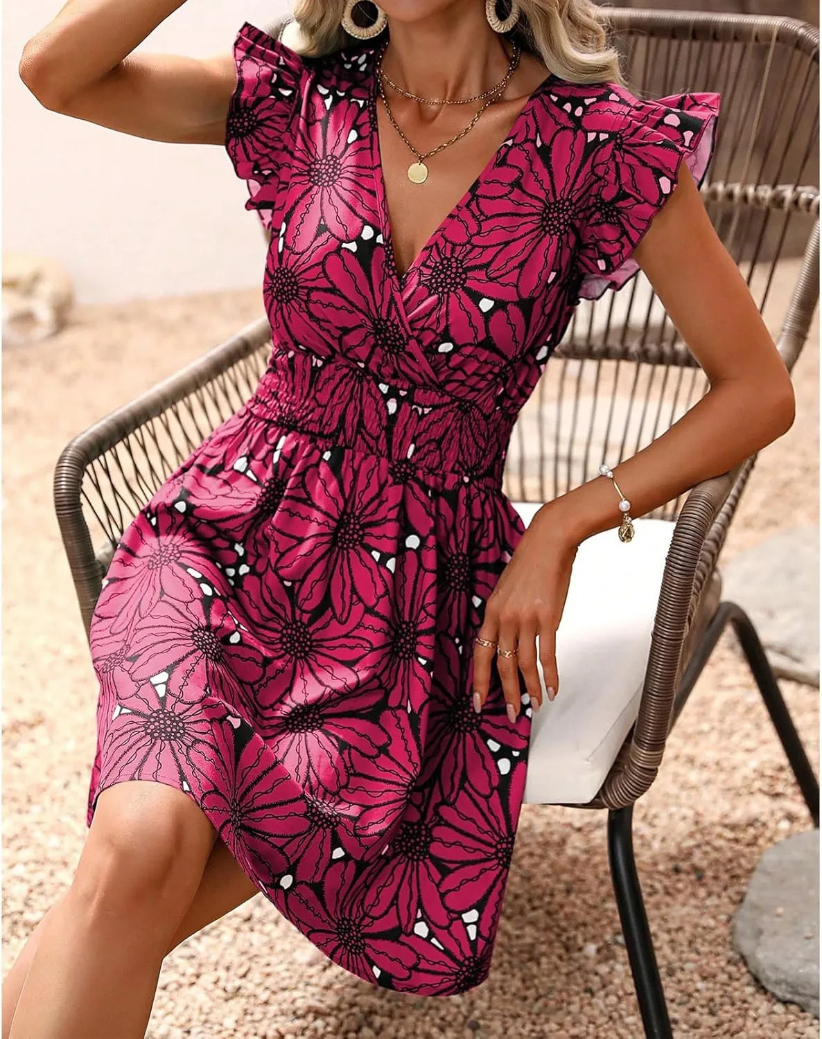 Womens Floral Printed V Neck A Line Dresses Belted Tie Waist Midi Dress Flowy Cap Sleeve Beach Summer Dress
