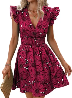 Womens Floral Printed V Neck A Line Dresses Belted Tie Waist Midi Dress Flowy Cap Sleeve Beach Summer Dress