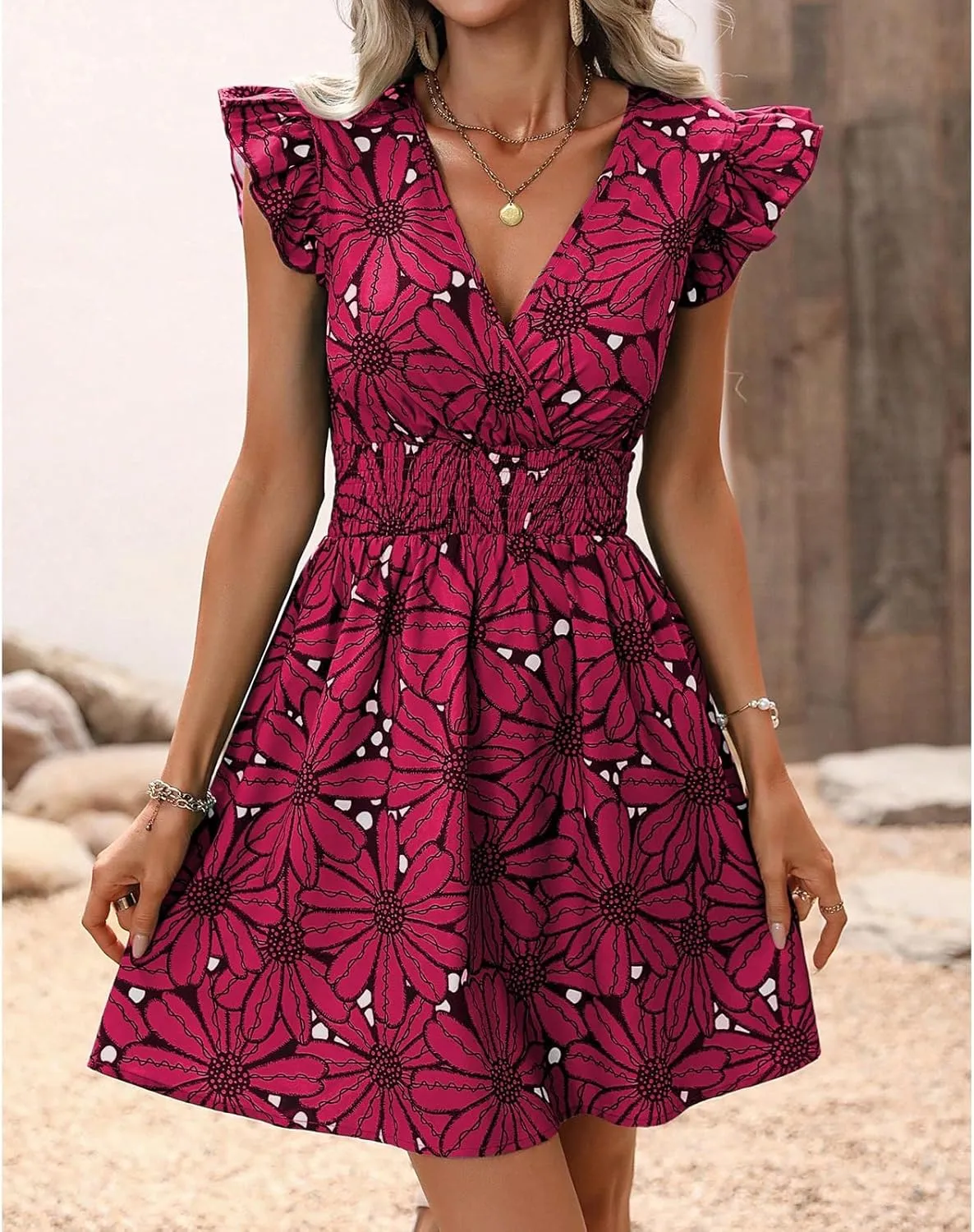 Womens Floral Printed V Neck A Line Dresses Belted Tie Waist Midi Dress Flowy Cap Sleeve Beach Summer Dress