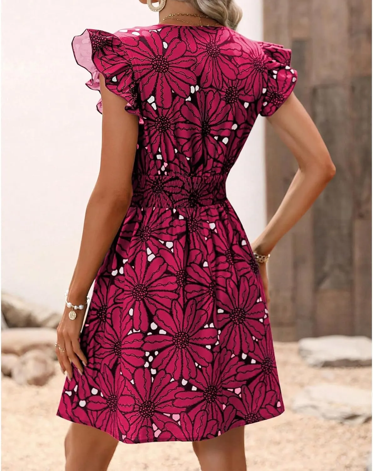 Womens Floral Printed V Neck A Line Dresses Belted Tie Waist Midi Dress Flowy Cap Sleeve Beach Summer Dress