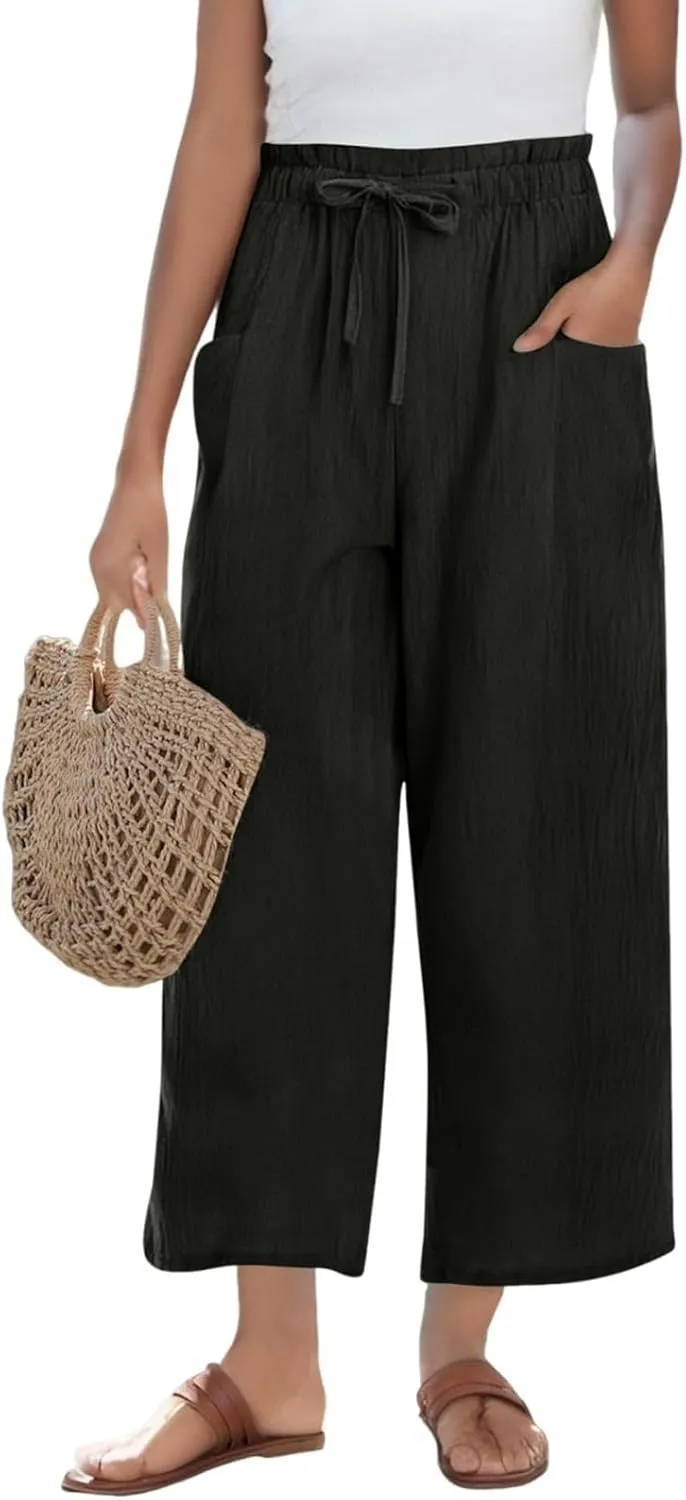 Womens Linen Pants 2025 High Waist Elastic Straight Leg Pant Casual Loose Lightweight Summer Beach Trousers
