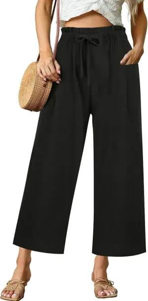 Womens Linen Pants 2025 High Waist Elastic Straight Leg Pant Casual Loose Lightweight Summer Beach Trousers
