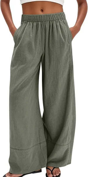 Womens Linen Pants Summer Wide Leg Pants High Waisted Flowy Palazzo Pant Boho Cotton Linen Beach Pants 2025
