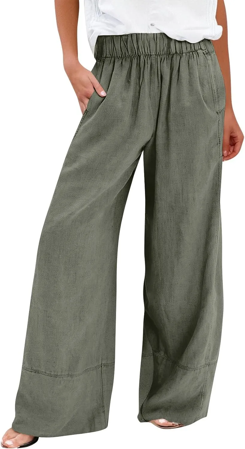 Womens Linen Pants Summer Wide Leg Pants High Waisted Flowy Palazzo Pant Boho Cotton Linen Beach Pants 2025