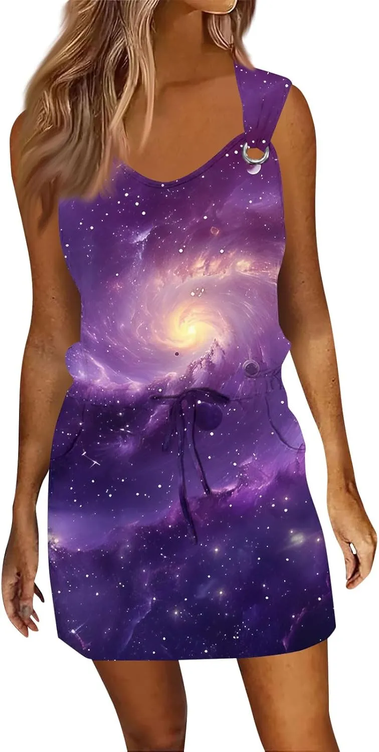Women's Print Sleeveless Summer Dress with Adjustable Waist Tie Casual Loose Fit for Beach or Party Wear