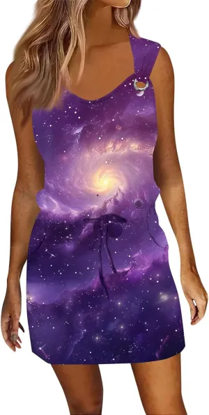 Women's Print Sleeveless Summer Dress with Adjustable Waist Tie Casual Loose Fit for Beach or Party Wear