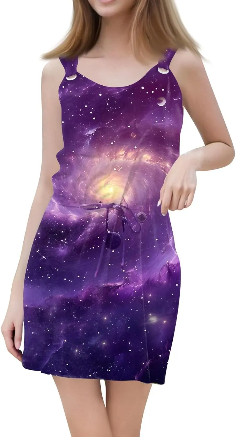 Women's Print Sleeveless Summer Dress with Adjustable Waist Tie Casual Loose Fit for Beach or Party Wear