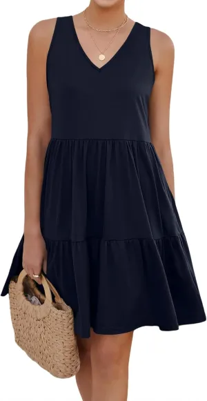 Womens Summer Dresses V Neck Tank Tiered Flowy Mini A Line Casual Sundress with Pockets