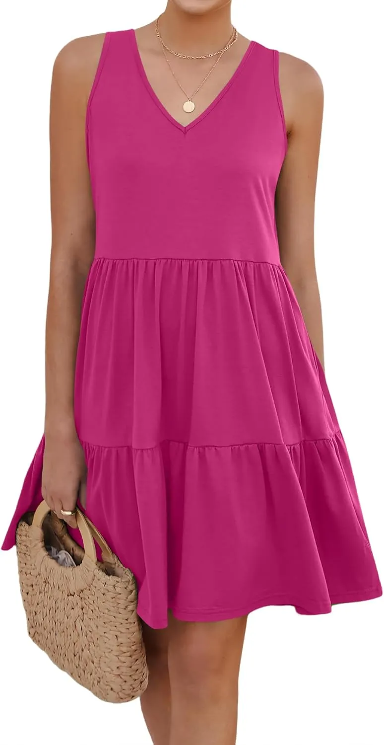 Womens Summer Dresses V Neck Tank Tiered Flowy Mini A Line Casual Sundress with Pockets