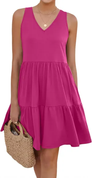 Womens Summer Dresses V Neck Tank Tiered Flowy Mini A Line Casual Sundress with Pockets