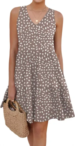 Womens Summer Dresses V Neck Tank Tiered Flowy Mini A Line Casual Sundress with Pockets