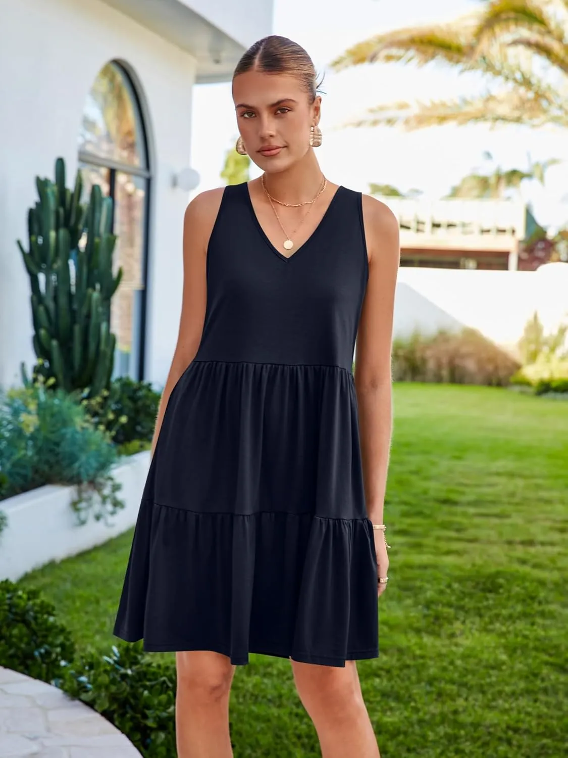 Womens Summer Dresses V Neck Tank Tiered Flowy Mini A Line Casual Sundress with Pockets
