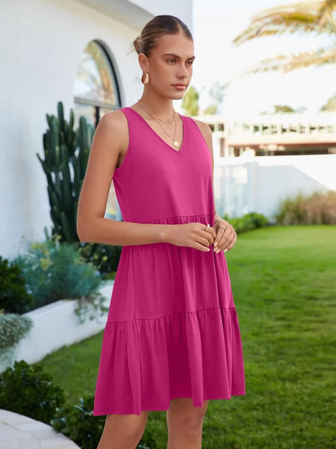Womens Summer Dresses V Neck Tank Tiered Flowy Mini A Line Casual Sundress with Pockets
