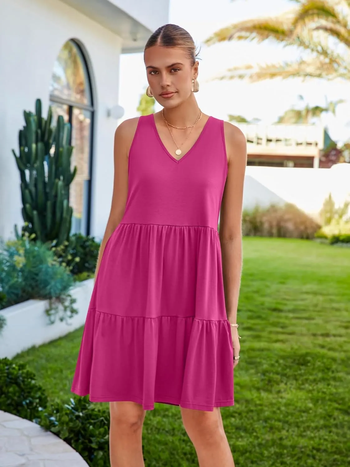 Womens Summer Dresses V Neck Tank Tiered Flowy Mini A Line Casual Sundress with Pockets