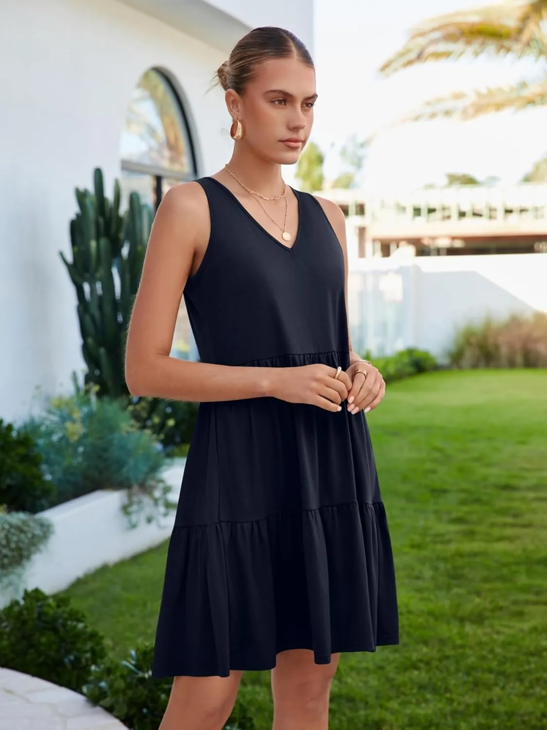 Womens Summer Dresses V Neck Tank Tiered Flowy Mini A Line Casual Sundress with Pockets