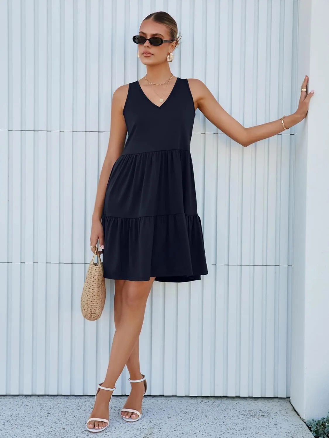Womens Summer Dresses V Neck Tank Tiered Flowy Mini A Line Casual Sundress with Pockets