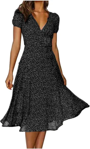 Women's Summer Maxi Dress Casual Wrap Floral Boho Short Sleeve V Neck Split Ruffle Beach Long Dresses
