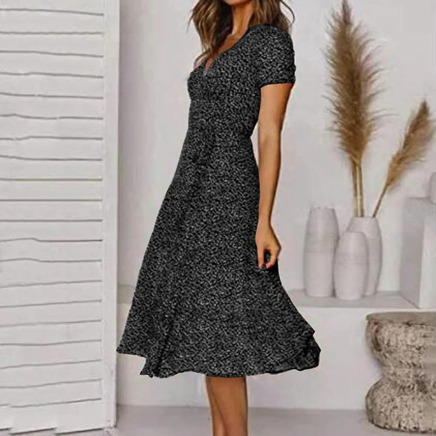 Women's Summer Maxi Dress Casual Wrap Floral Boho Short Sleeve V Neck Split Ruffle Beach Long Dresses